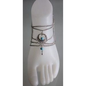 Silver Antique Look Boho Ankle Bracelet Turquoise Beads Layered Chains NWT